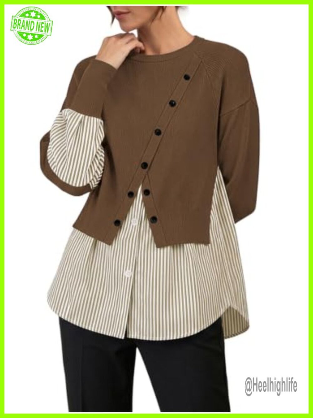 Womens Crew Neck Patchwork Sweater Long Sleeve Knit Pullover